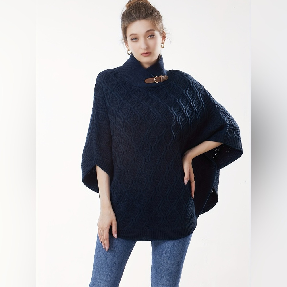 DISMERO Sweater Poncho Cape poncho  blue Turtleneck S
